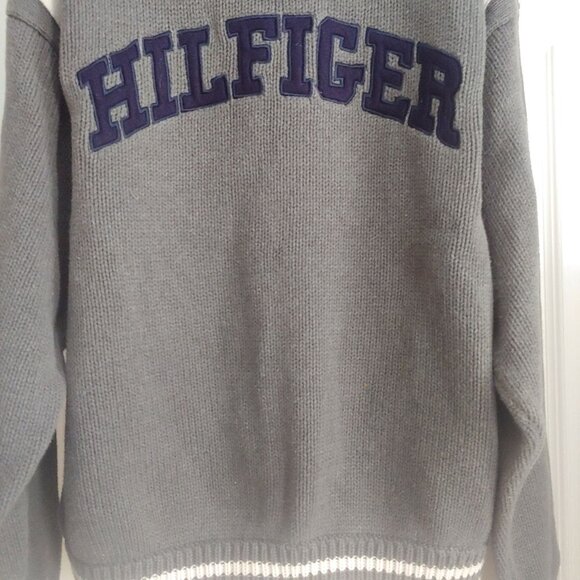 Tommy Hilfiger Thick Woven Crew Neck Large F/Back Logo Blue/Grey Mens XL Preppy - Picture 8 of 12